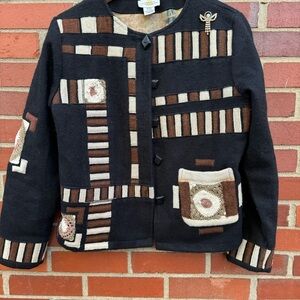 Vintage Sandy Starkman Wool Blend Black Brown Cream Tan Diamond Button Jacket- L